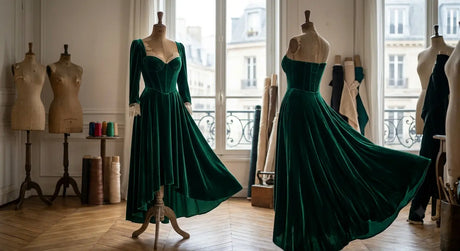 Robe de soirée en velours de soie vert émeraude exposée dans un atelier de haute couture parisien.