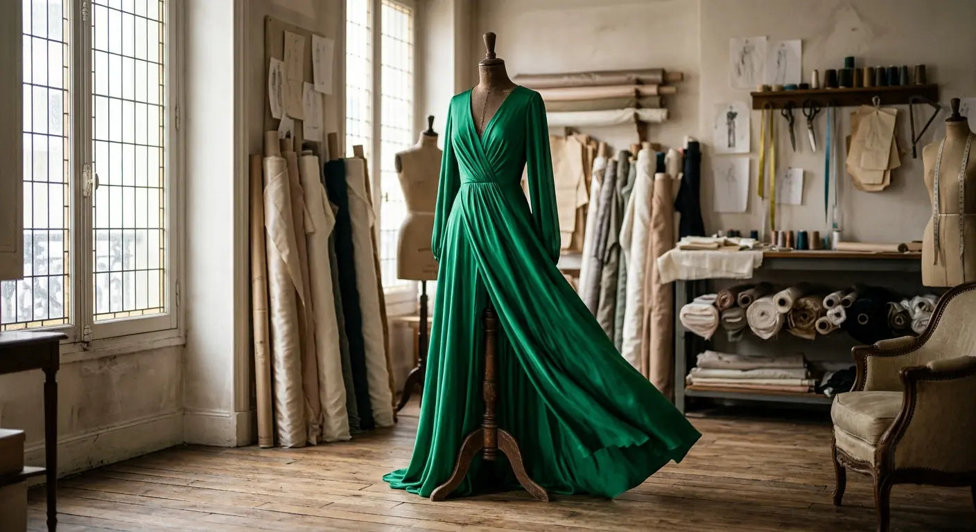 Robe longue fluide en viscose de luxe vert émeraude dans un atelier de couture parisien.