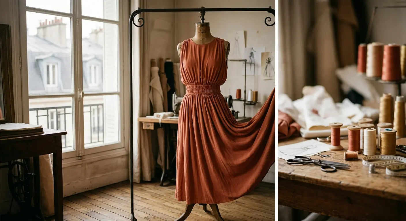 Robe fluide en viscose avec taille froncée par un élastique dans un atelier de couture.