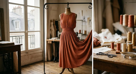 Robe fluide en viscose avec taille froncée par un élastique dans un atelier de couture.