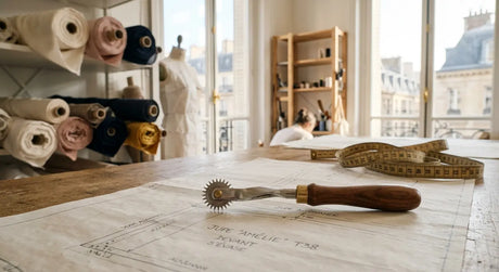 Roulette à patron professionnelle avec manche en bois dans un atelier de haute couture parisien.