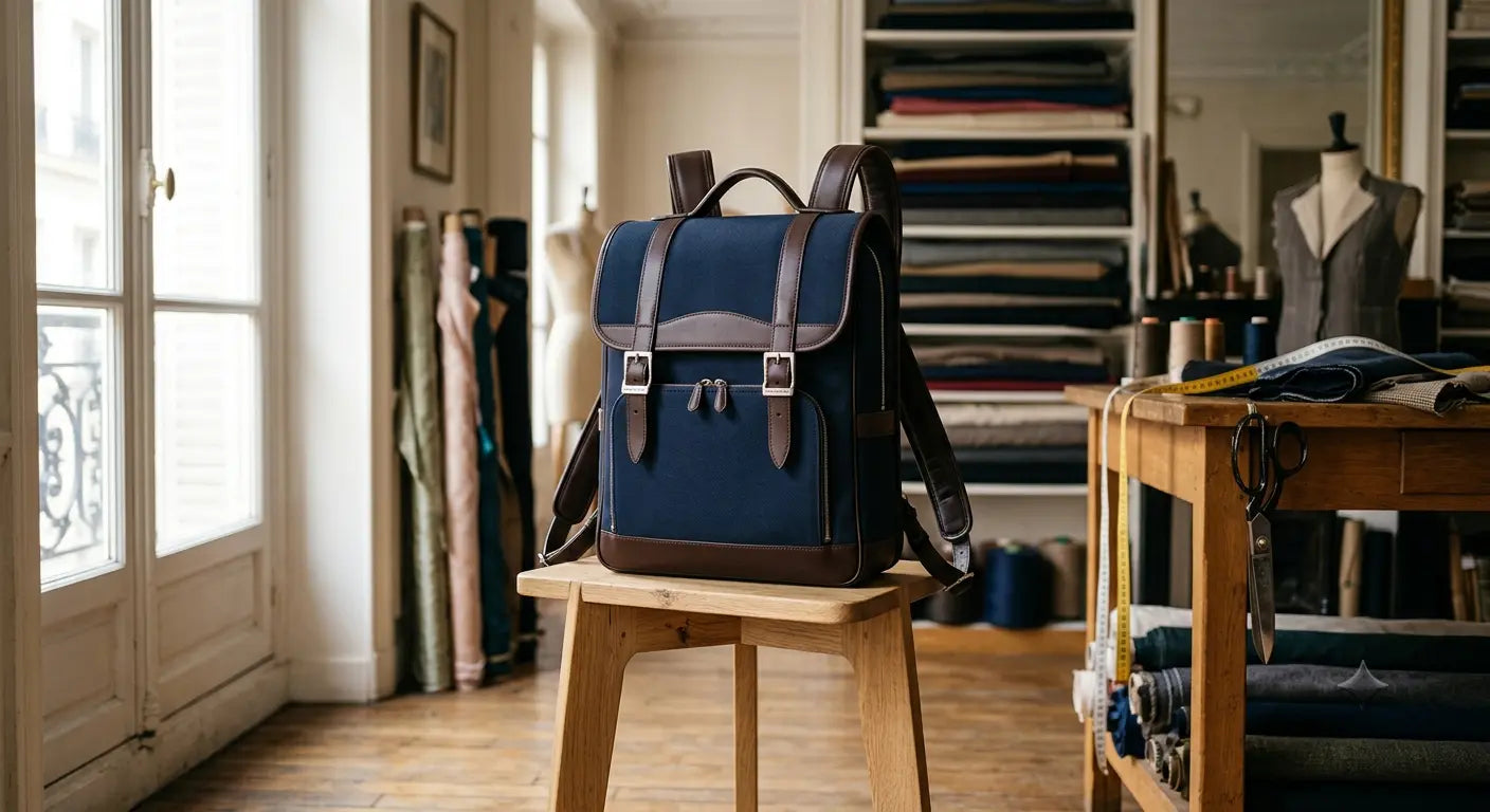 Sac à dos haut de gamme en gabardine de coton réalisé à la main dans un atelier de couture parisien.