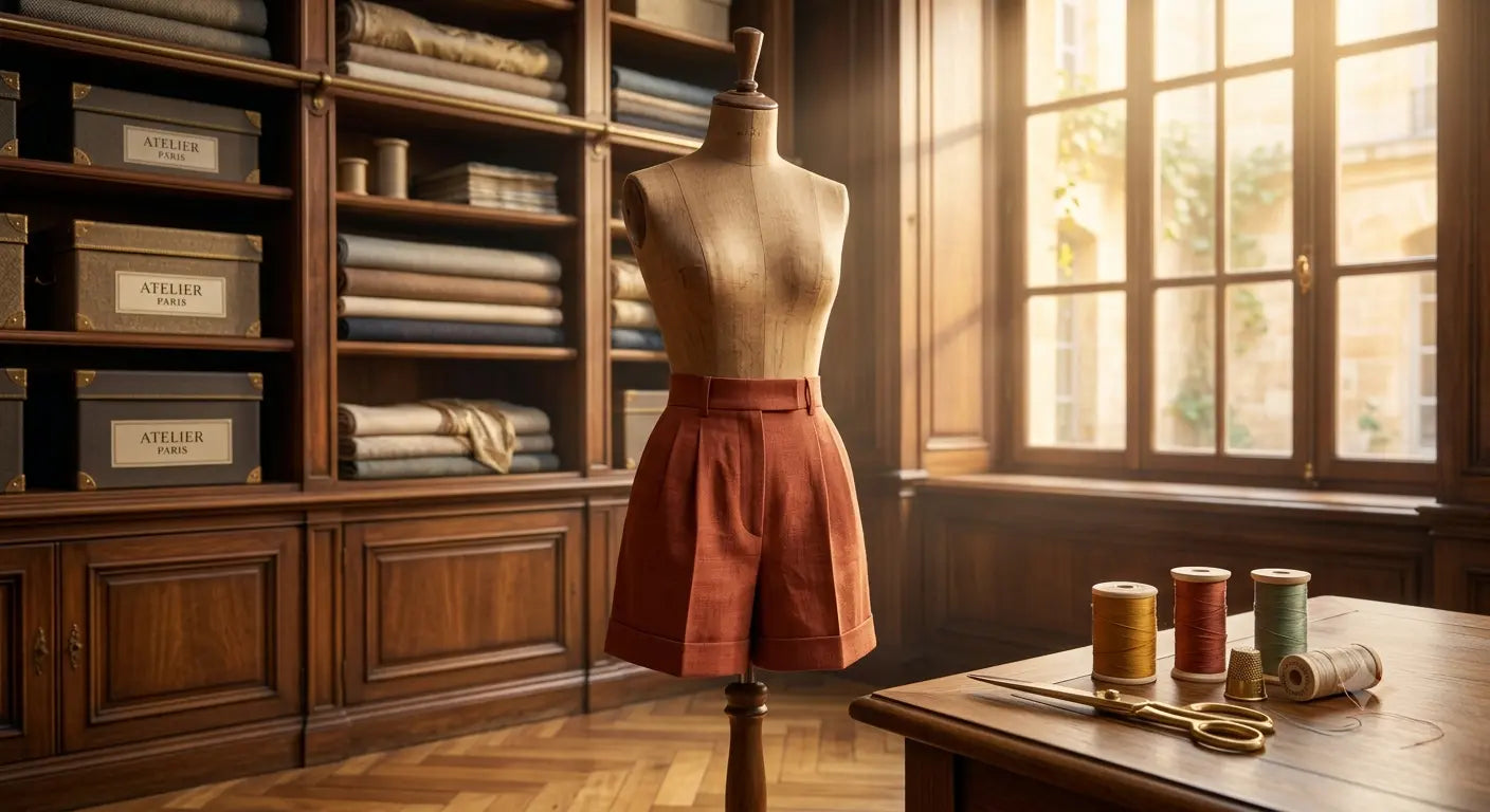 Short d'été élégant en lin terracotta réalisé sur mesure dans un atelier de couture parisien.