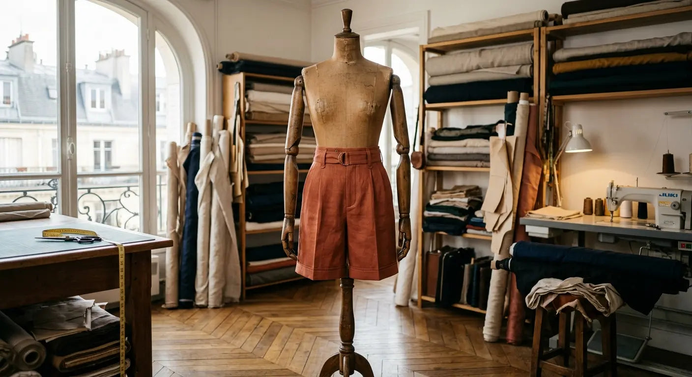 Short en lin terracotta réalisé à la main, présenté sur un mannequin de couture dans un atelier parisien.