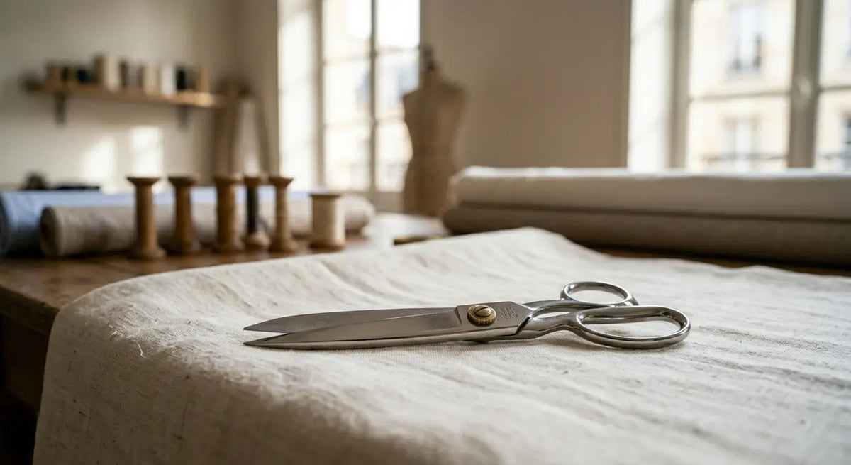 Ciseaux de tailleur professionnel posés sur un tissu en lin noble dans un atelier de couture.