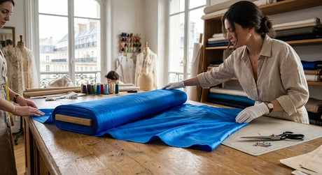 Rouleau de tissu de luxe issu de stocks dormants dans un atelier de couture parisien.