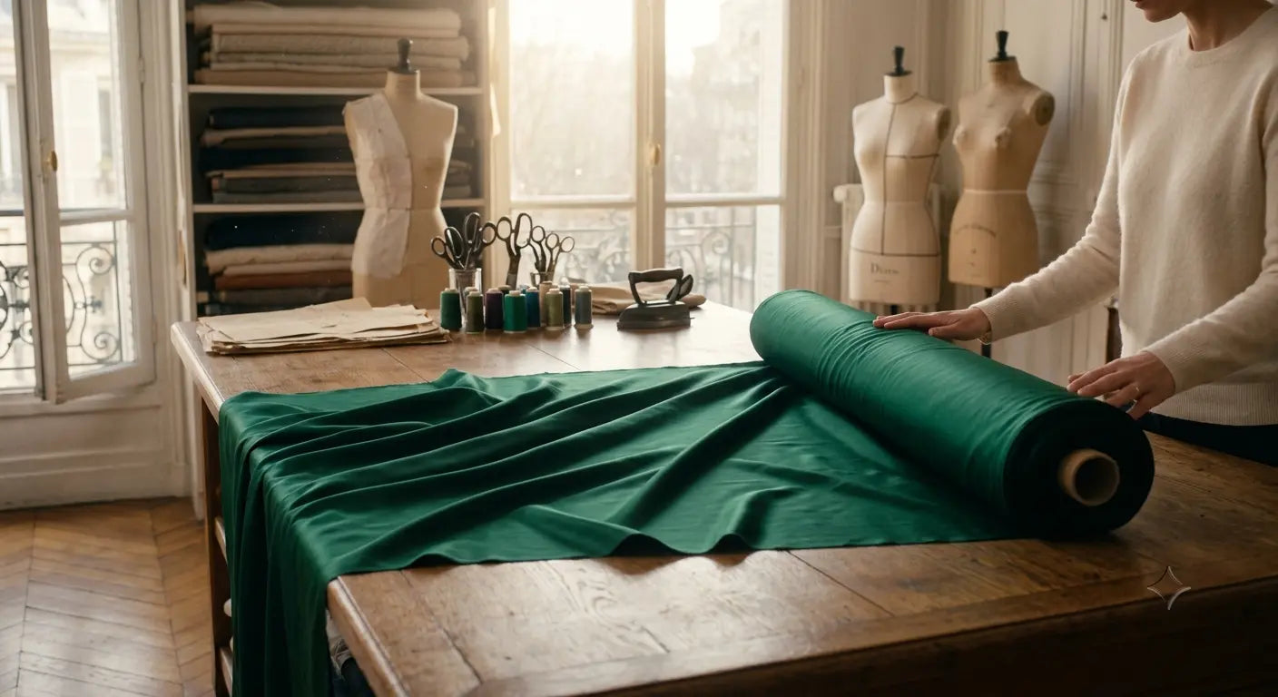 Rouleau de tissu en soie de luxe issu de stocks dormants dans un atelier de couture parisien.