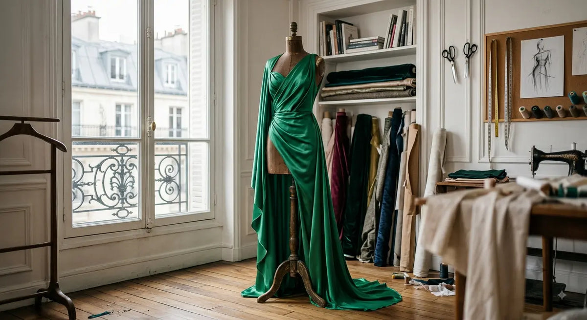 Robe en satin de soie fluide drapée sur un mannequin dans un atelier de couture parisien.
