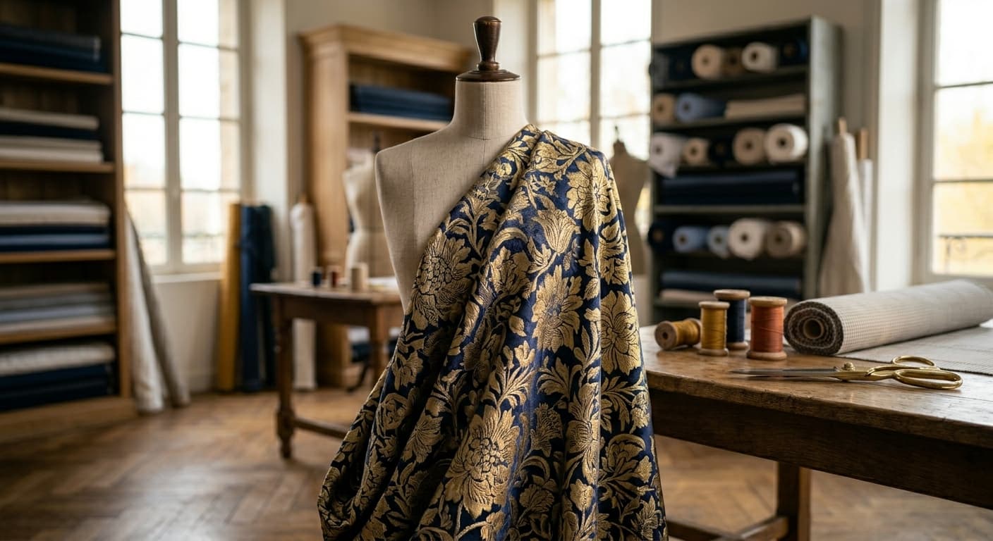 Tissu jacquard haut de gamme aux motifs floraux or et bleu marine dans un atelier de couture parisien.