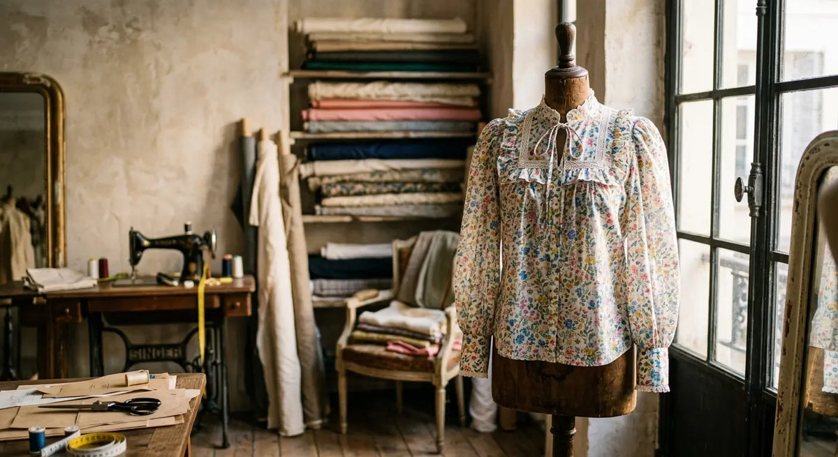 Blouse romantique en coton fleuri style Liberty dans un atelier de haute couture parisien.