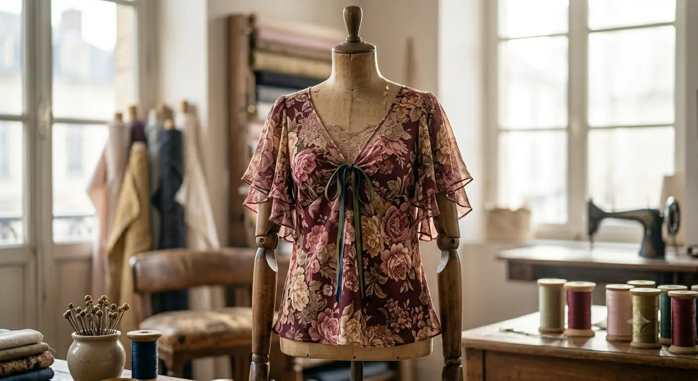 Photographie haute couture d'un top d'été fluide en viscose à fleurs réalisé à la main dans un atelier parisien.