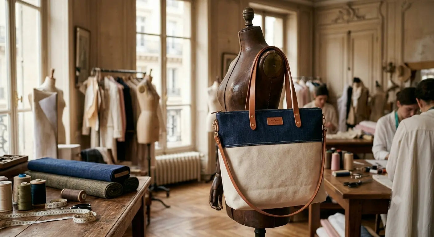 Sac tote bag fini en denim indigo et toile de coton crème dans un atelier de couture parisien.