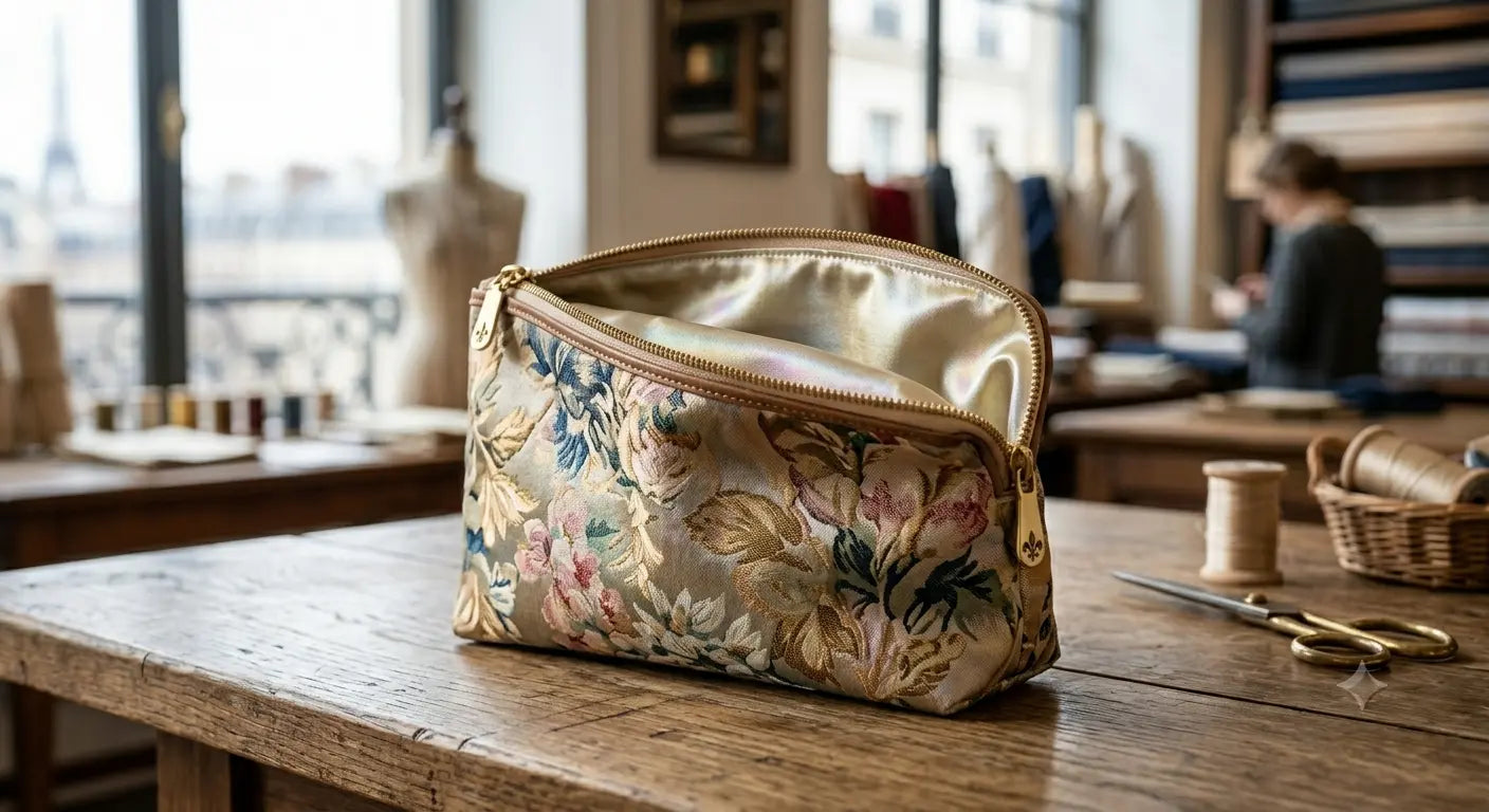 Trousse faite main en tissu jacquard de luxe floral dans un atelier de couture parisien.