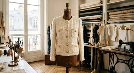Veste iconique en tissu bouclette ivoire dans un atelier de haute couture parisien.