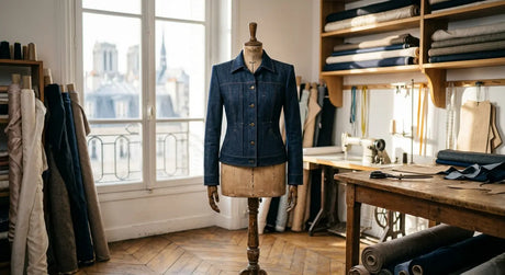 Veste en denim italien haut de gamme dans un atelier de couture parisien, style luxe.