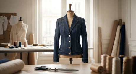 Veste en denim italien haut de gamme dans un atelier de couture parisien.