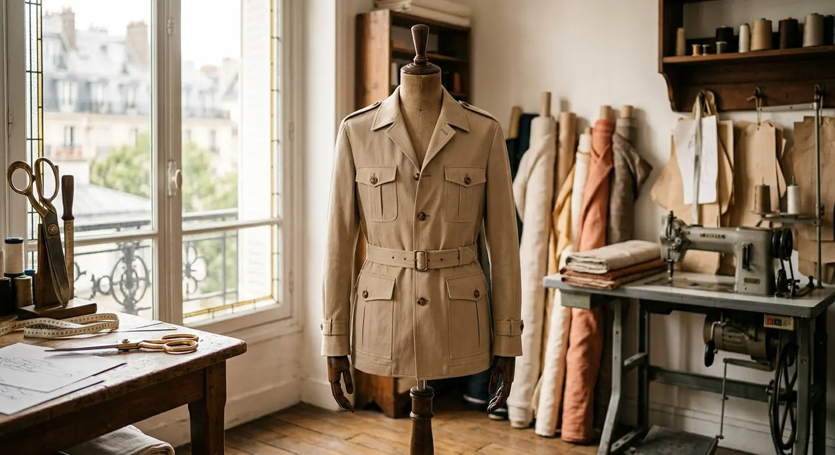Veste légère non doublée en gabardine de coton sable dans un atelier de couture parisien.