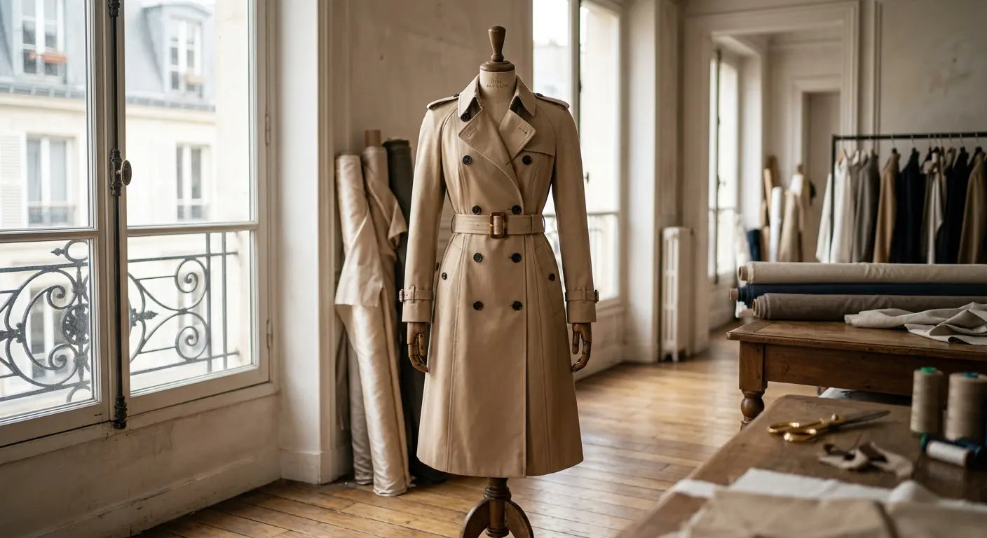 Veste de mi-saison structurée en gabardine de coton haut de gamme dans un atelier de couture parisien.