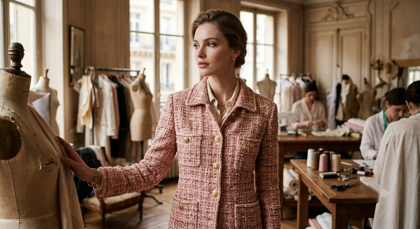 Veste de style Chanel iconique en tissu tweed rose et crème dans un atelier de haute couture parisien.