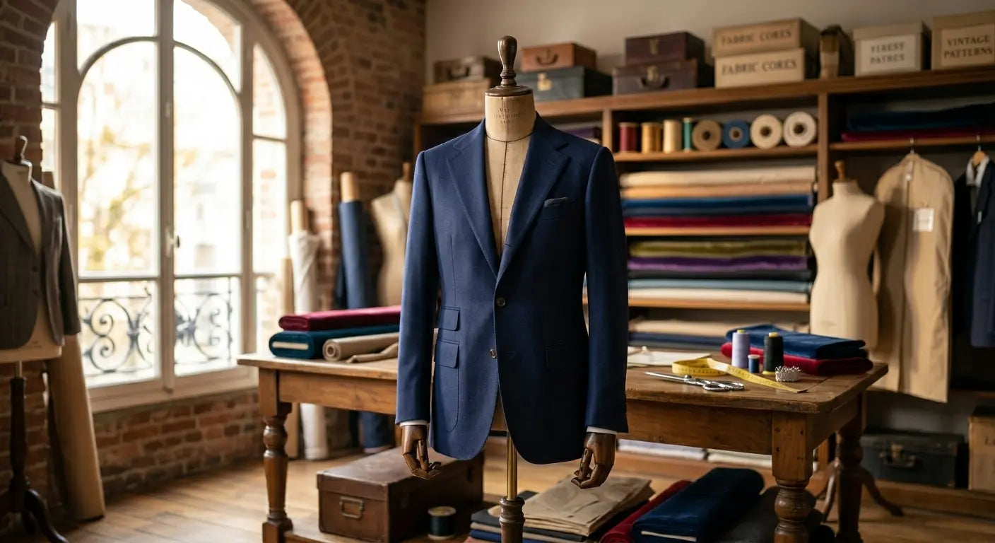 Veste blazer structurée en laine fine bleu marine suspendue dans un atelier de haute couture parisien.