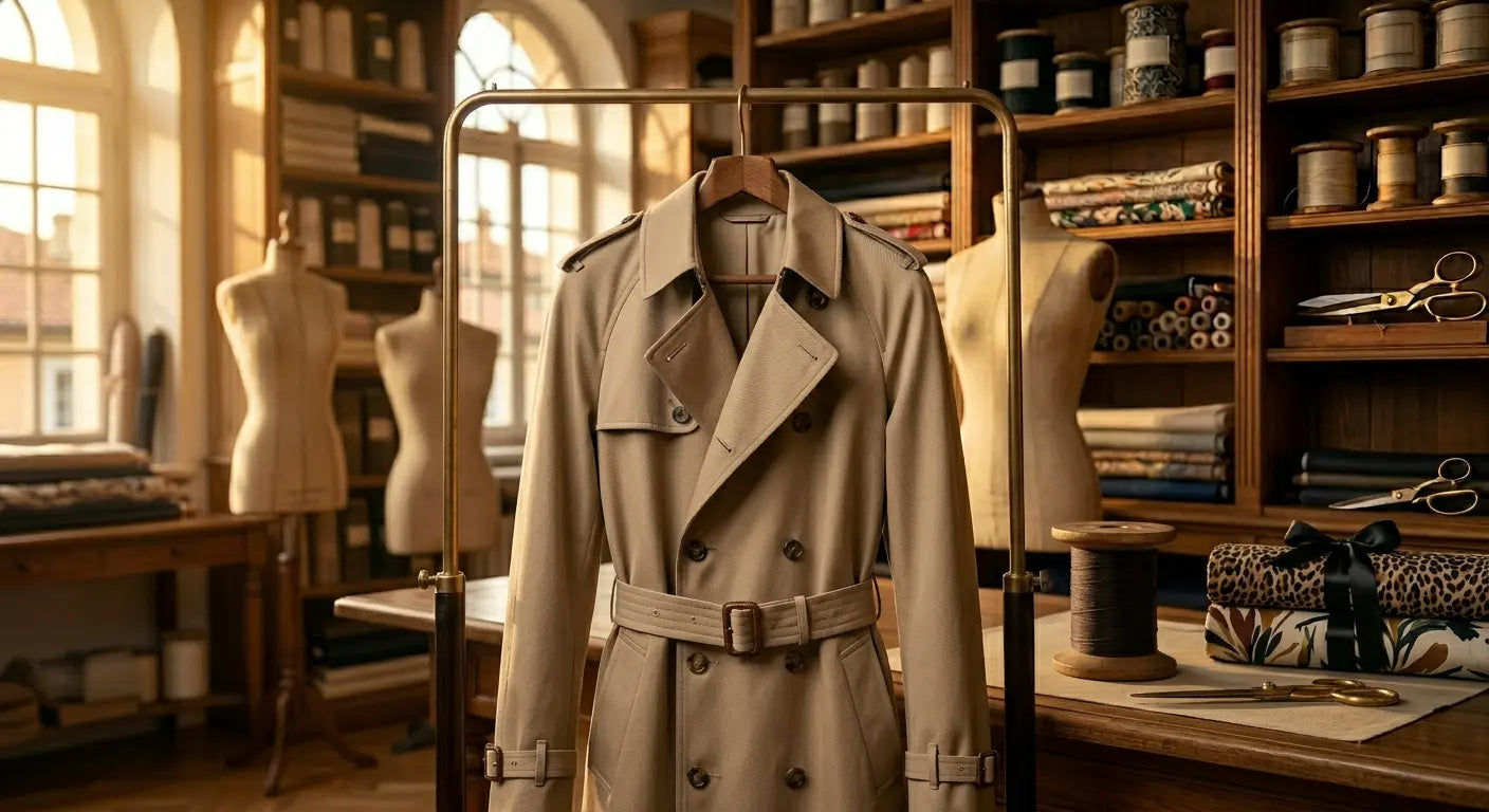 Veste trench structurée en twill de coton de luxe de couleur sable dans un atelier de couture.