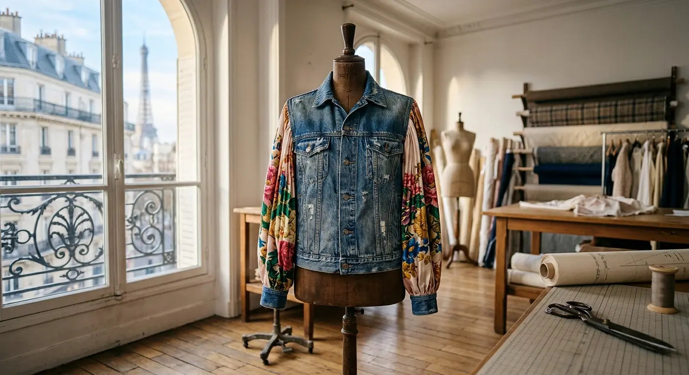 Veste en jean upcyclée avec des manches en soie de créateur dans un atelier de couture parisien.