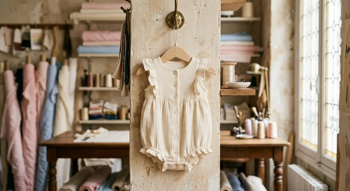 Barboteuse pour bébé en double gaze de coton réalisée à la main dans un atelier de couture parisien.