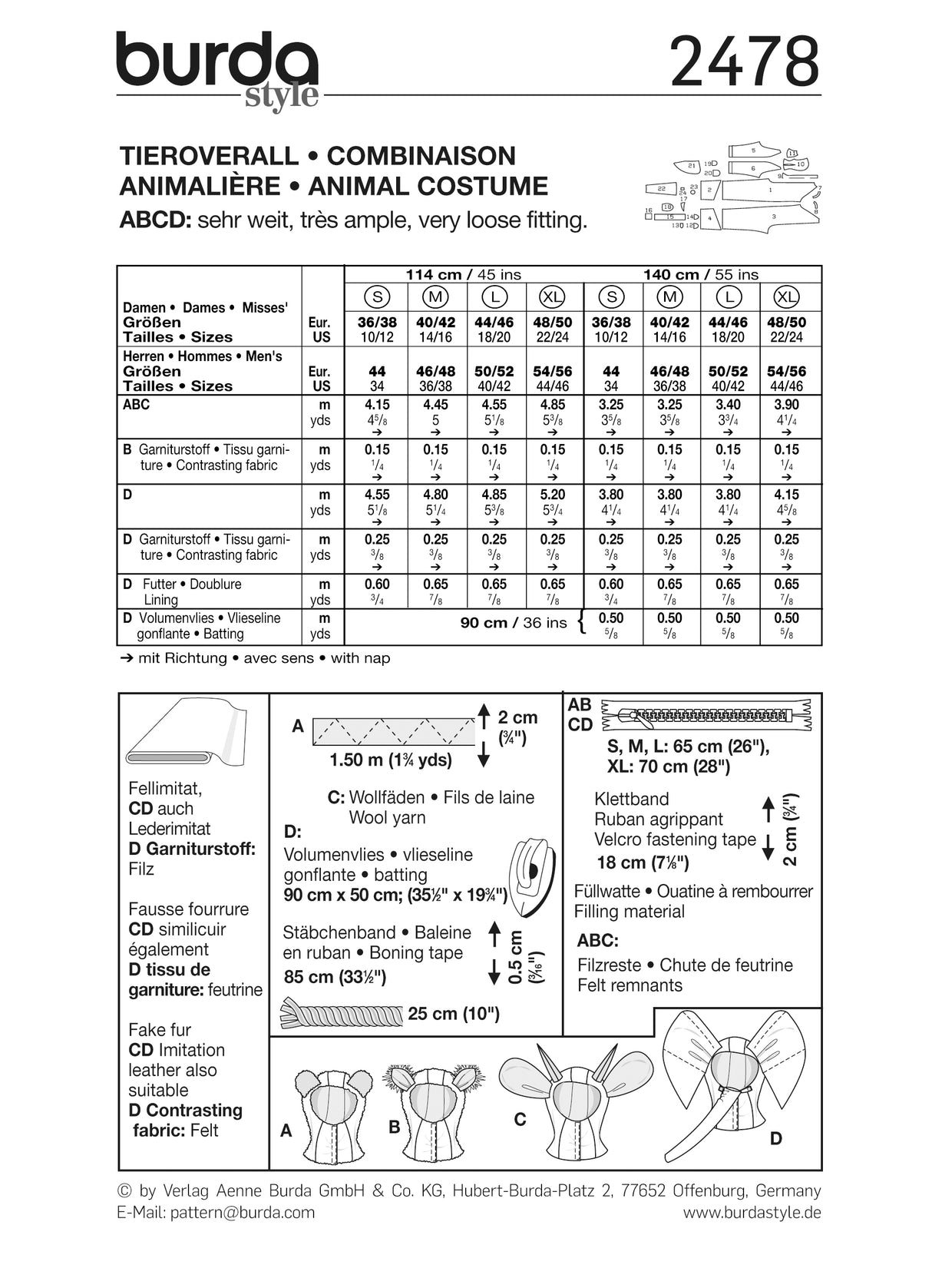 Patron Burda n°2478 – Déguisements Animaux pour Adultes
