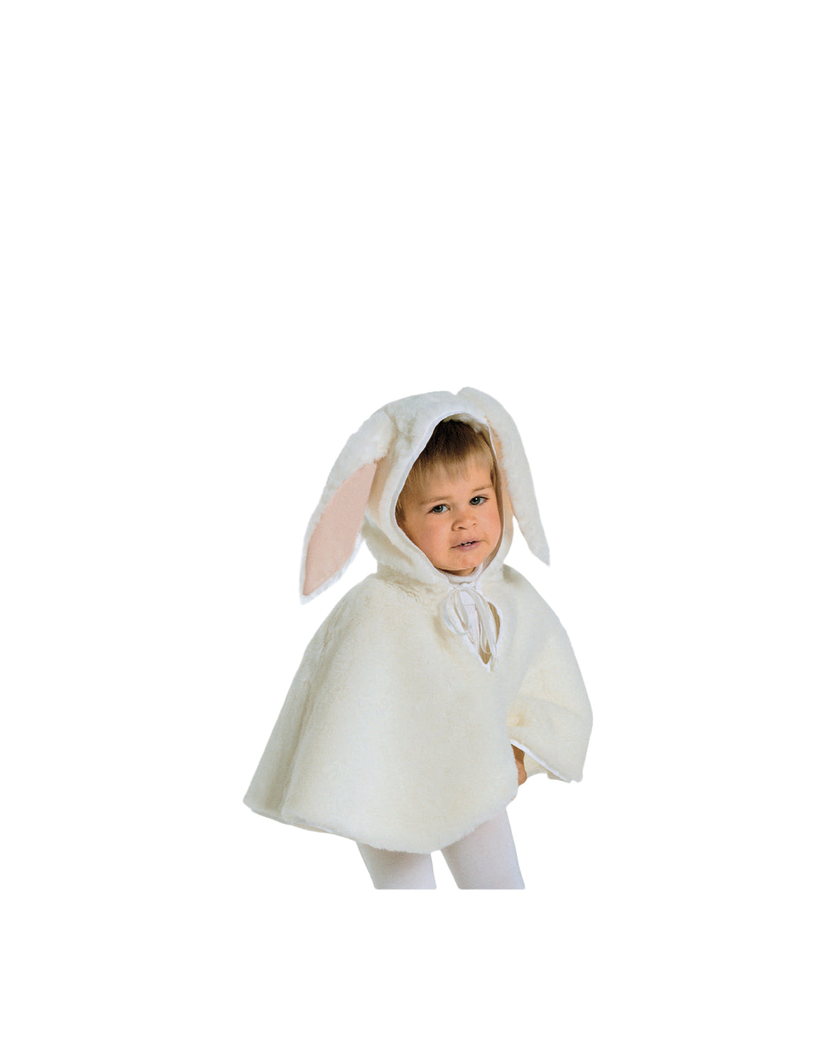 Enfant en poncho blanc avec capuche à oreilles de lapin, look mignon et cocooning.