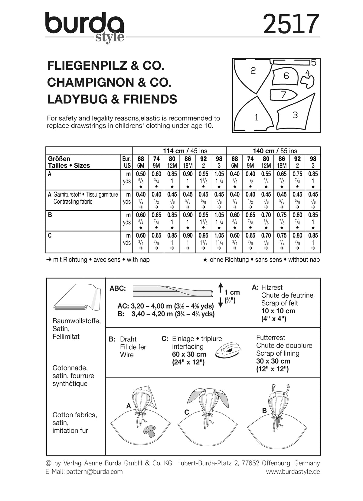 Patron Burda n°2517 – Déguisements Enfant : Champignon, Lapin et Coccinelle