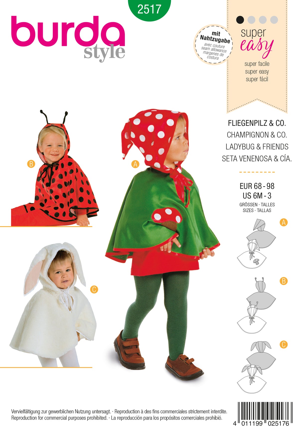 Patron Burda n°2517 – Déguisements Enfant : Champignon, Lapin et Coccinelle