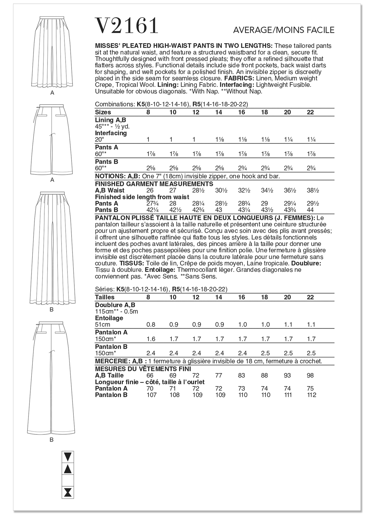 Patron Vogue n°2161 – Pantalon taille haute à plis marqués