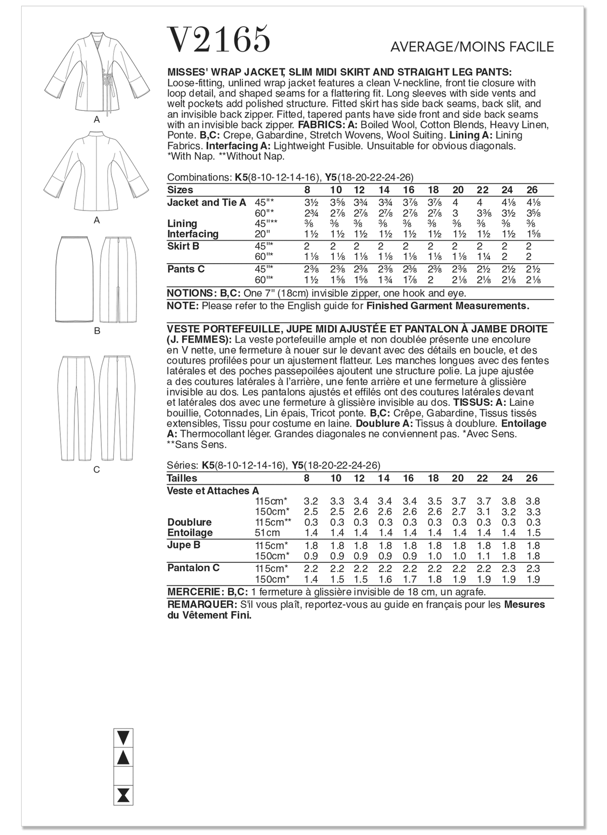 Patron Vogue n°2165 – Veste portefeuille, jupe midi et pantalon