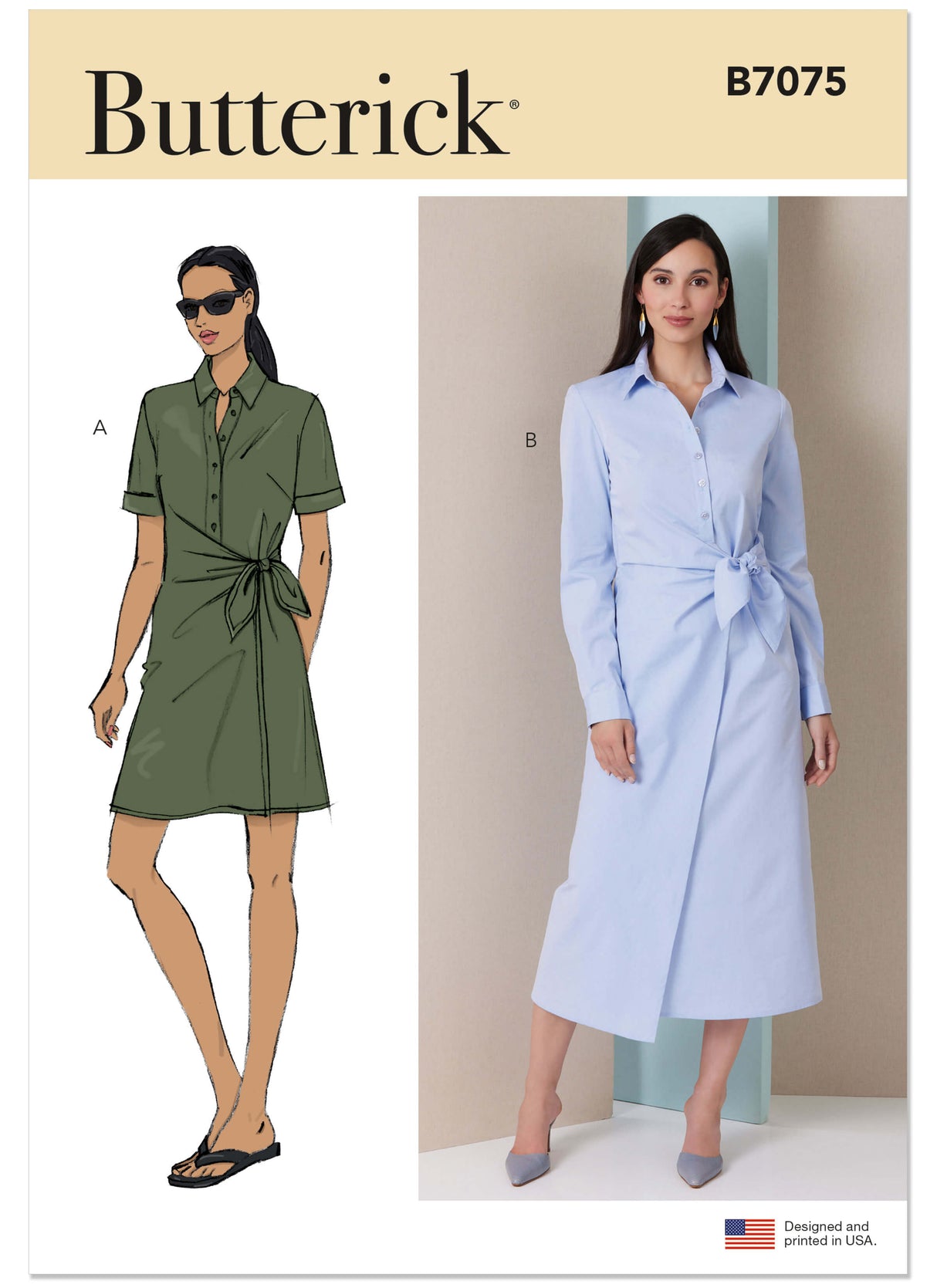 Patron Butterick n°7075 – Robe-chemise croisée à la taille