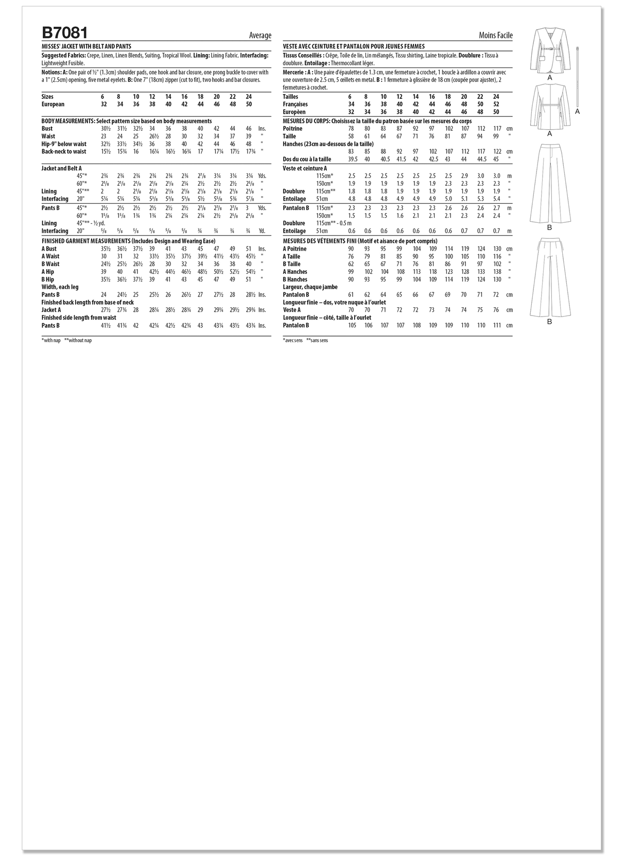 Patron Butterick n°7081 – Veste ceinturée et pantalon large