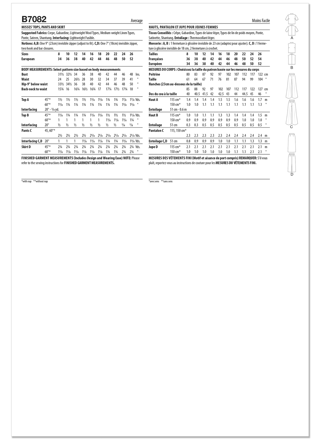 Patron Butterick n°7082 – Hauts, pantalon large et jupe crayon