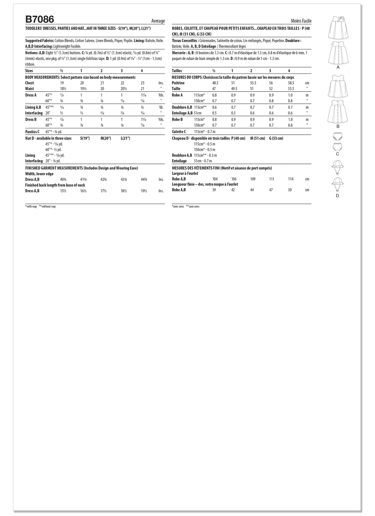 Patron Butterick n°7086 – Robe, culotte et bonnet pour tout-petit