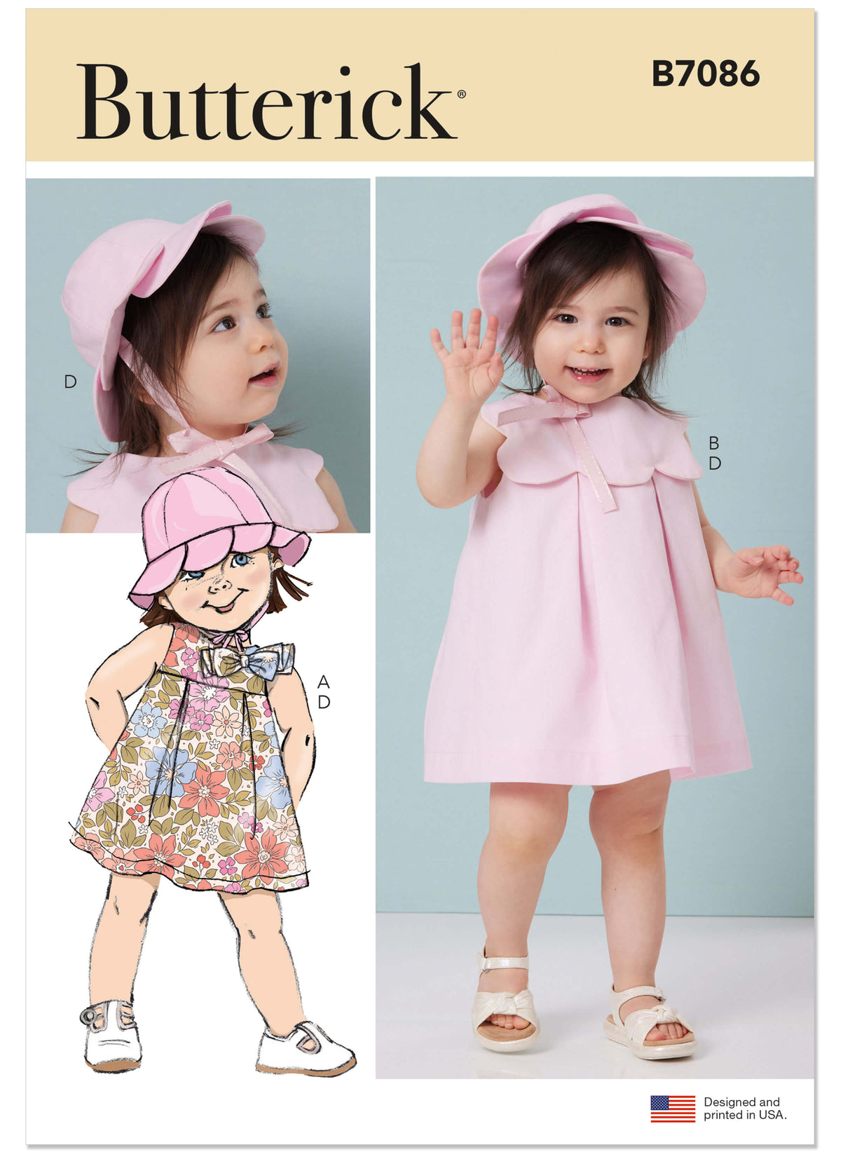 Patron Butterick n°7086 – Robe, culotte et bonnet pour tout-petit