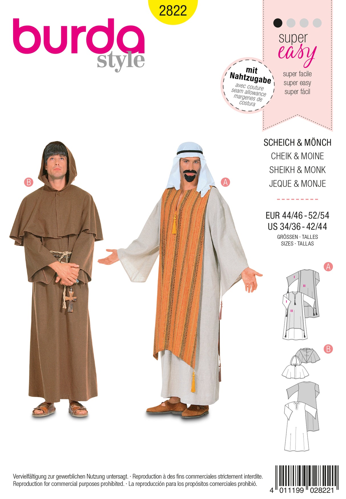 Patron Burda n°2822 – Déguisements Homme : Moine et Cheik