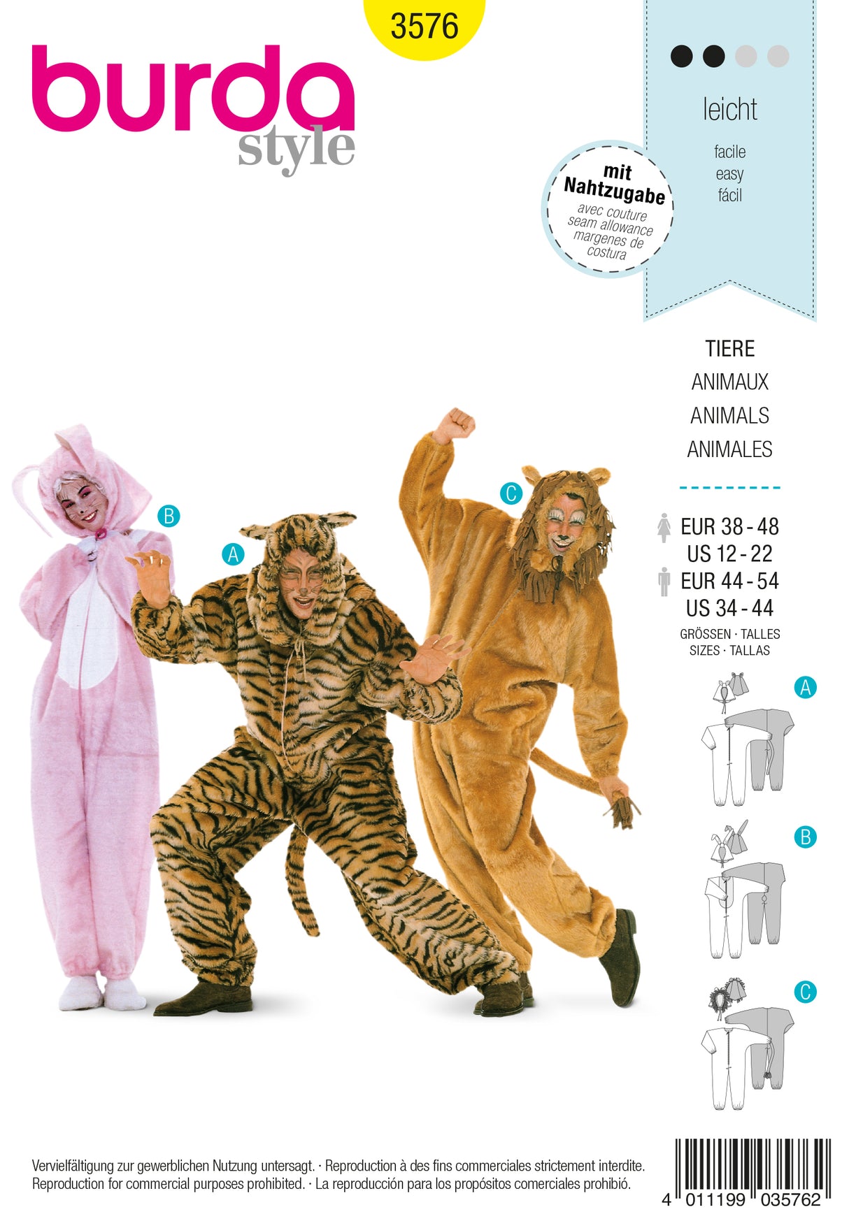 Patron Burda n°3576 – Déguisements Animaux pour Adultes