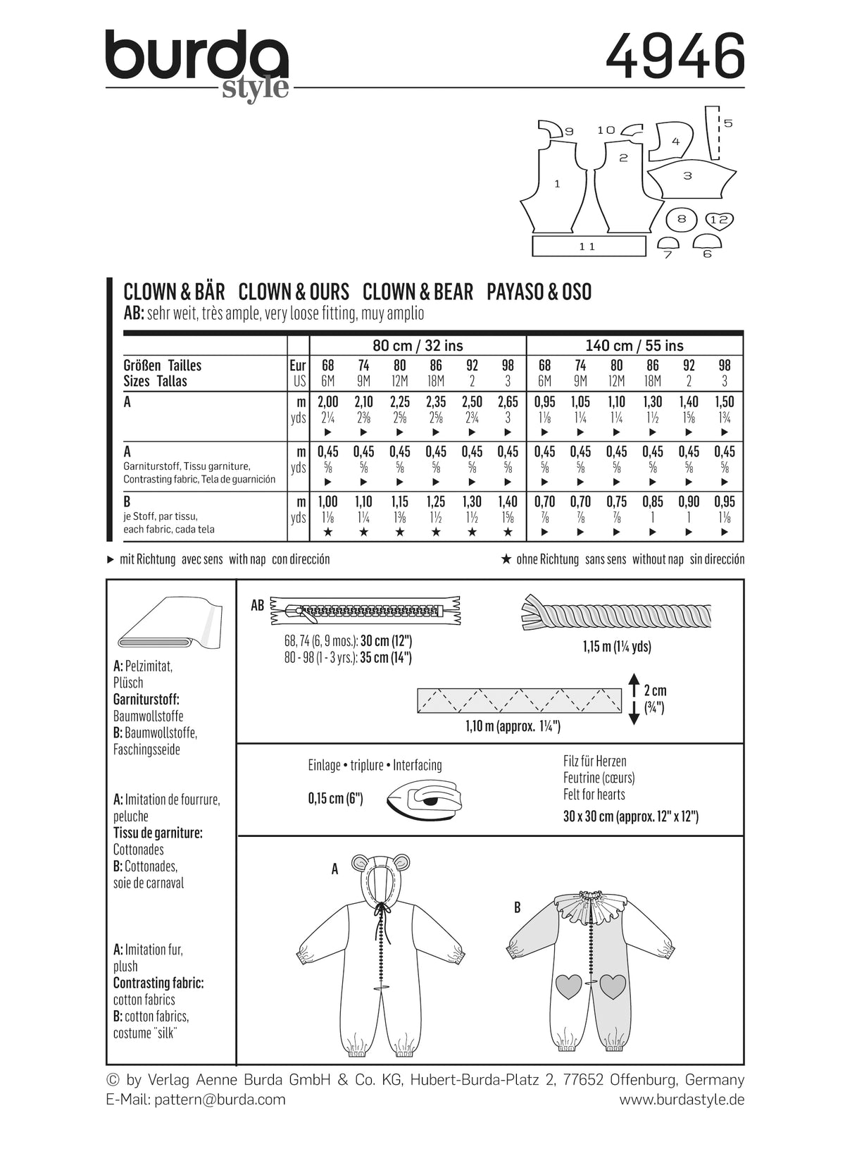 Patron Burda n°4946 – Déguisements Clown et Ours pour Enfants