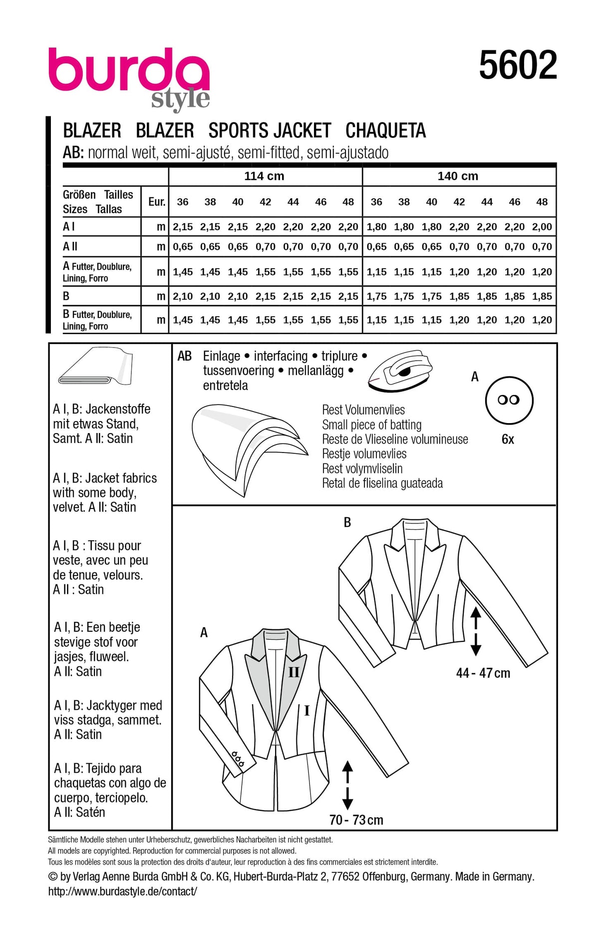 Patron Burda n°5602 - Blazers courts