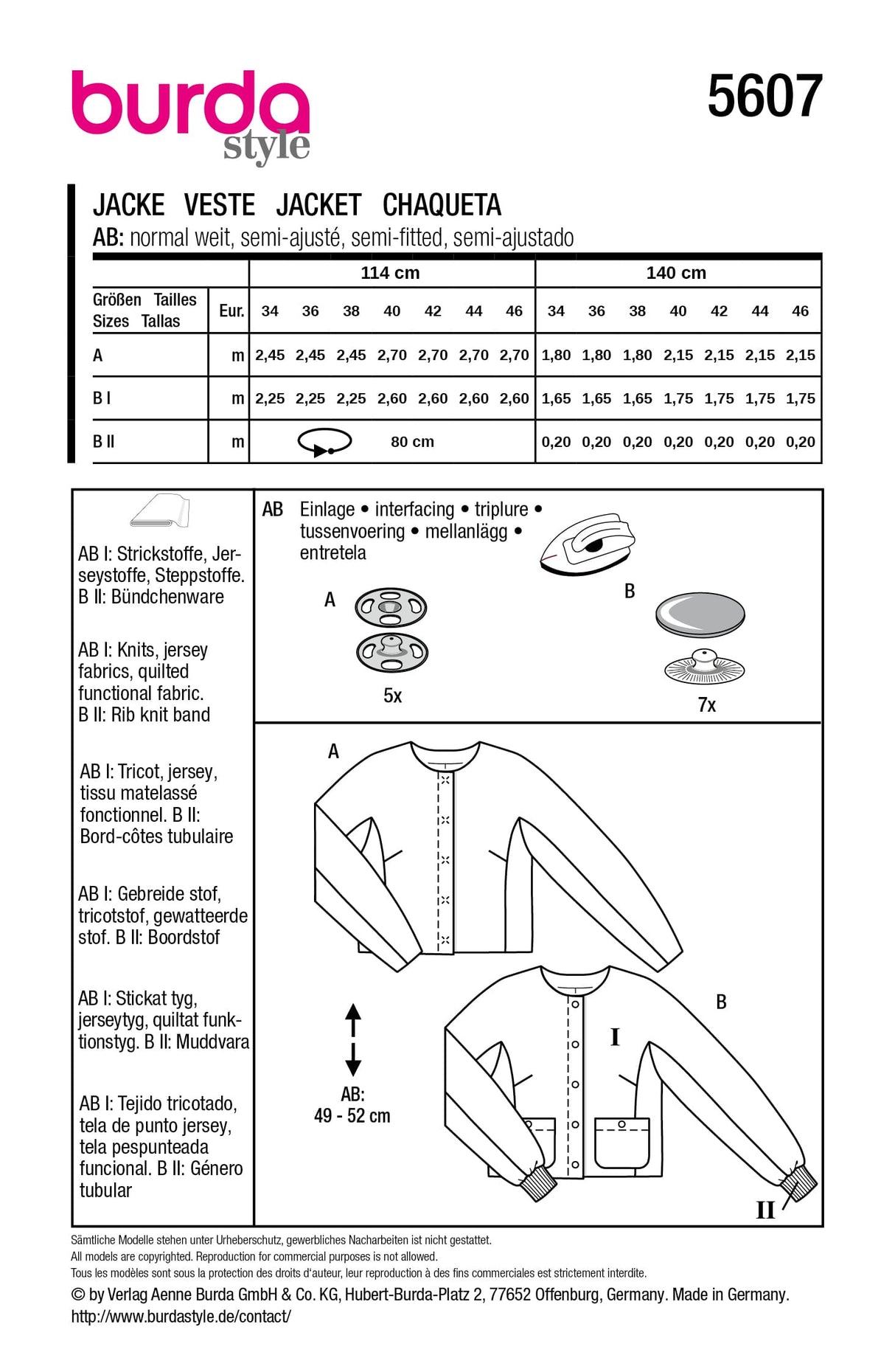 Patron Burda n°5607 - Vestes courtes