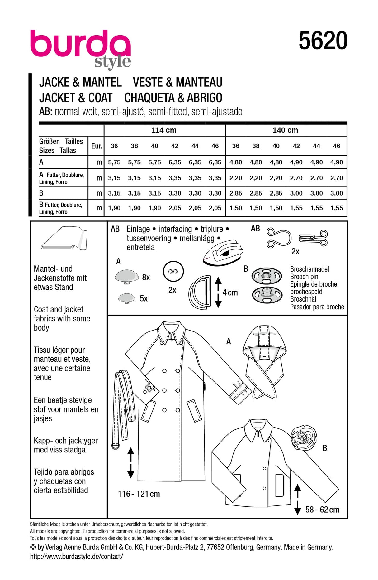 Patron Burda n°5620 - Trench-coat et veste