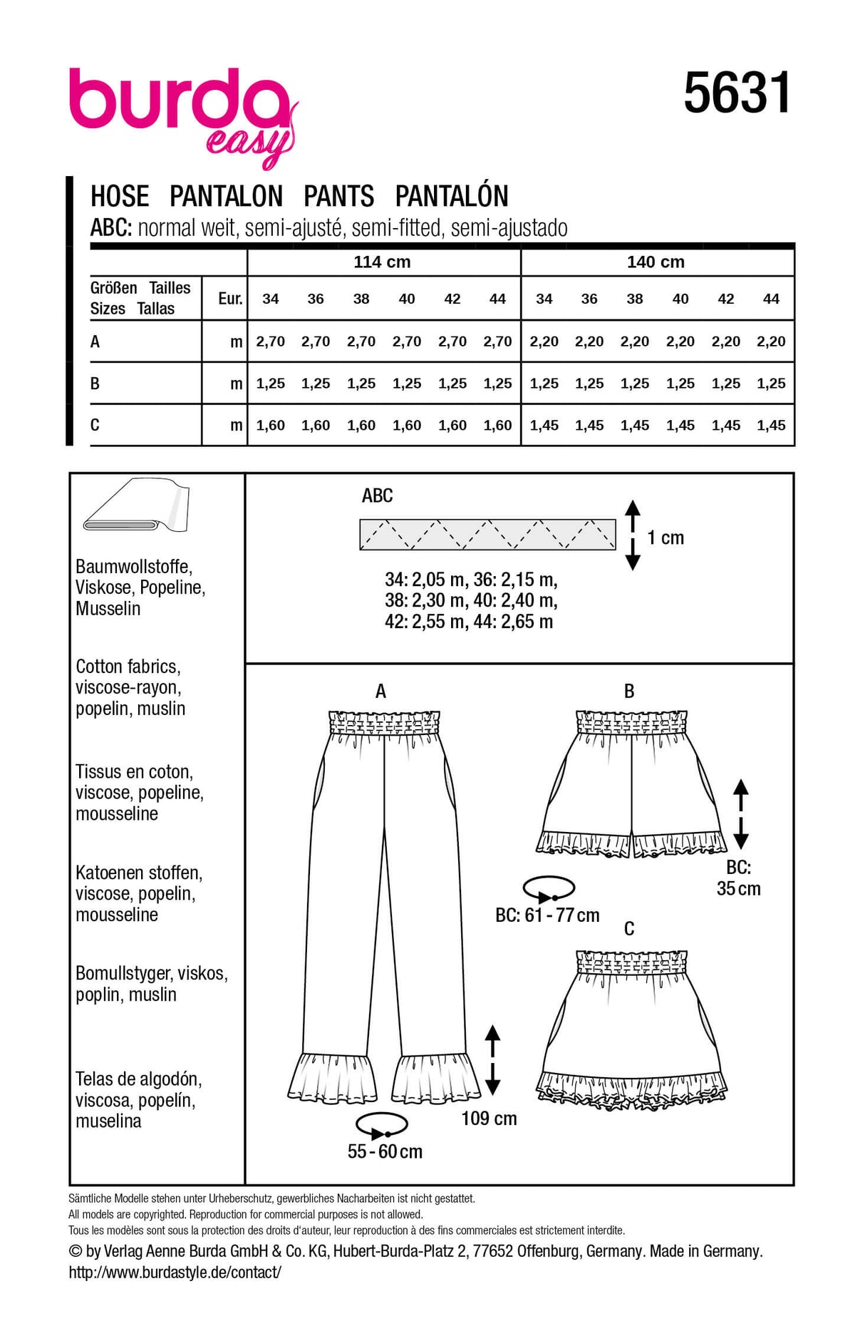 Patron Burda 5631 – Pantalon, short & skort à volants