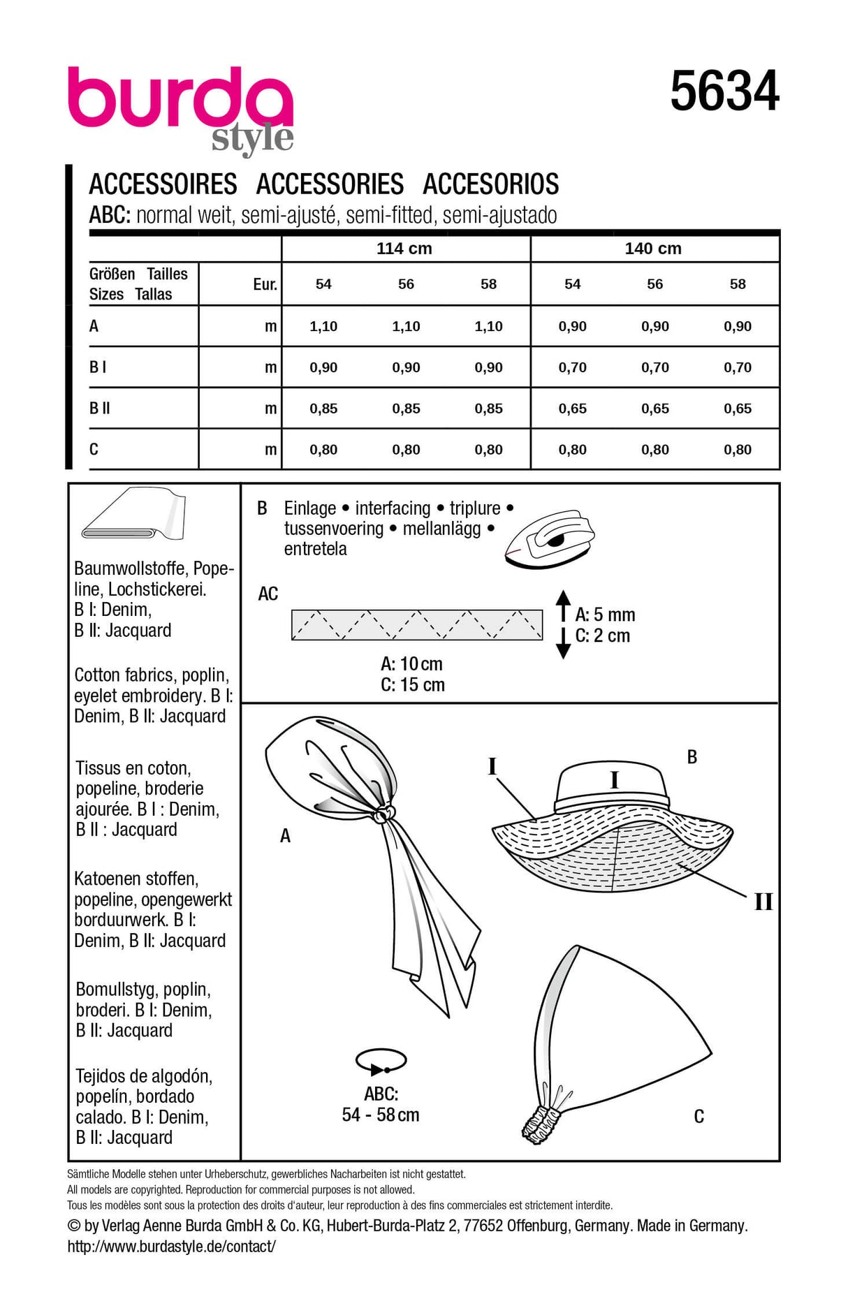 Patron Burda 5634 – Chapeau réversible et foulards d’été à coudre