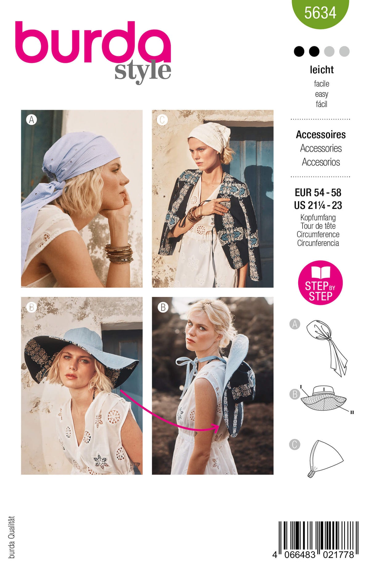 Patron Burda 5634 – Chapeau réversible et foulards d’été à coudre