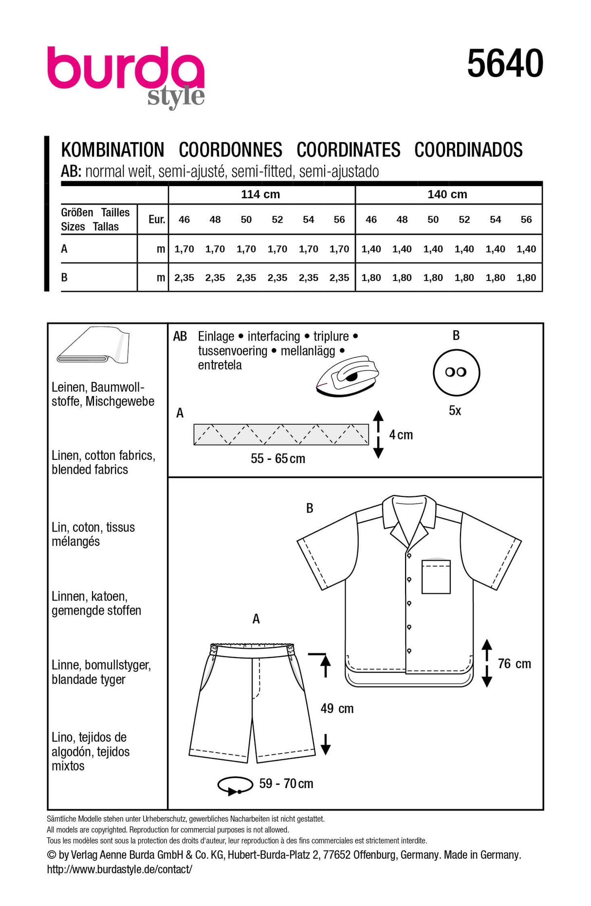 Patron Burda 5640 – Chemise et short d’été élégants
