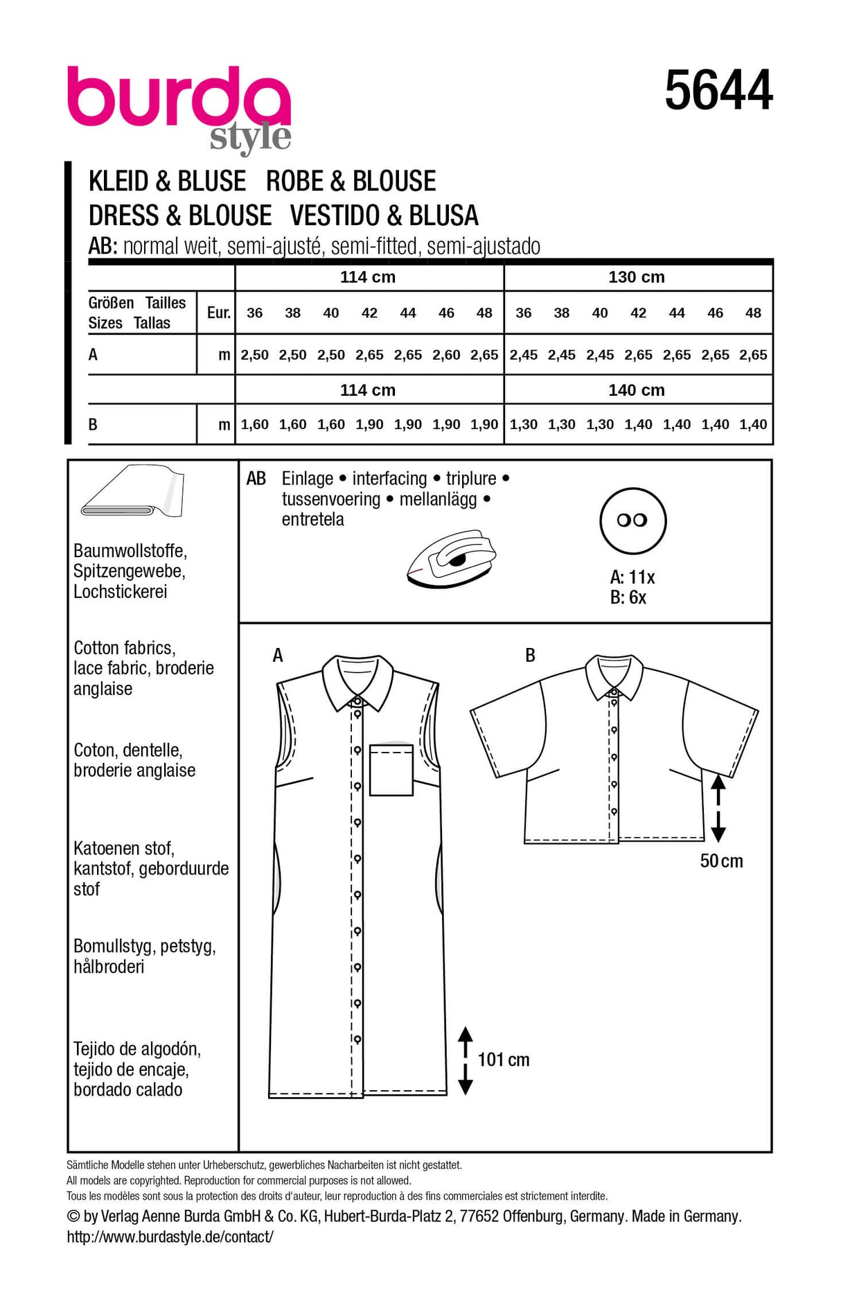 Patron Burda 5644 – Mini-robe chemise et blouse moderne à coudre