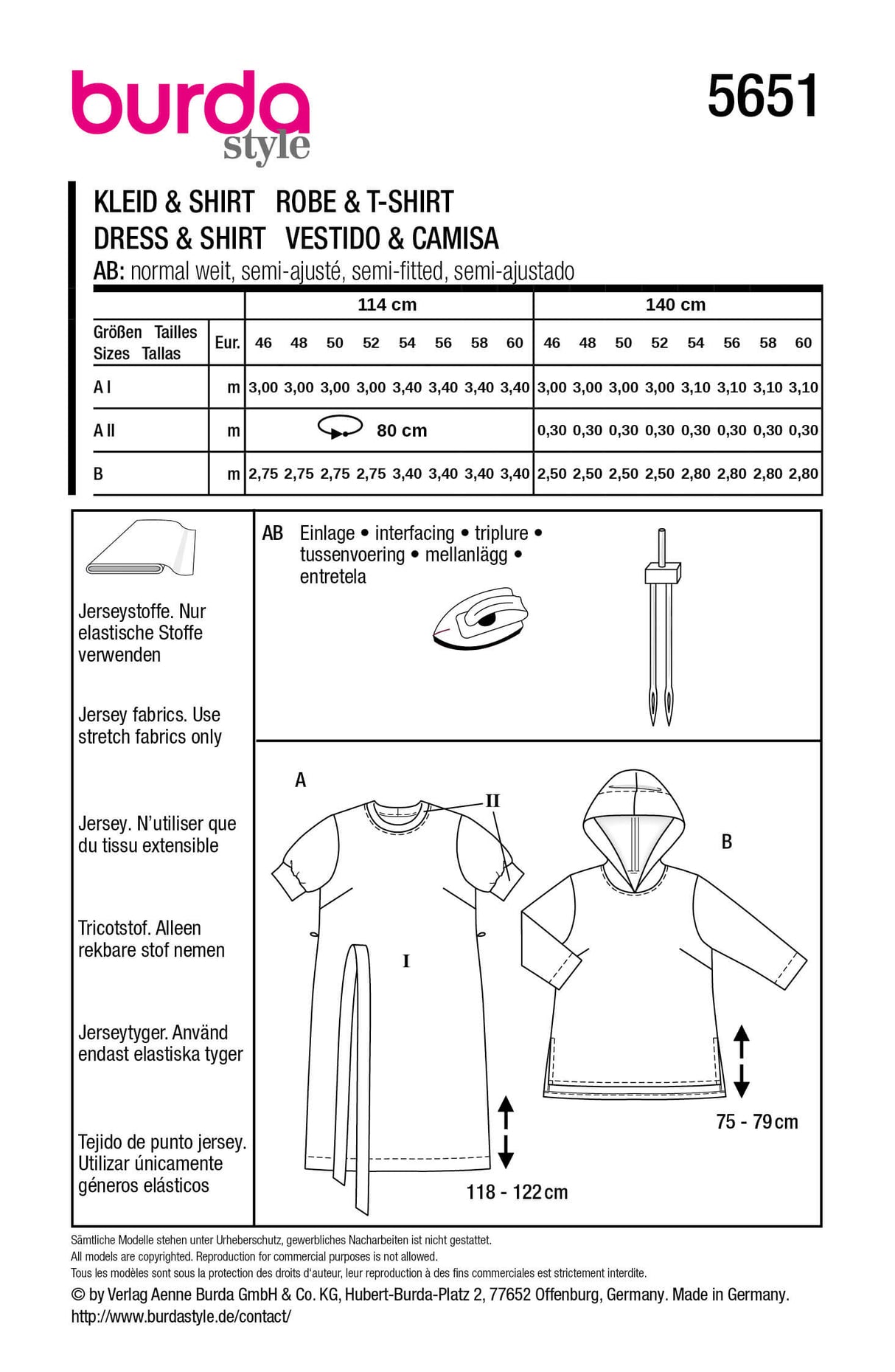 Patron Burda 5651 – Robe T-shirt et sweat à capuche femme